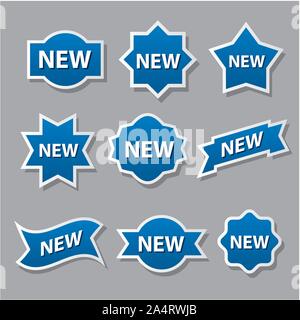 Set di diverse pubblicità scudetti e adesivi in colore blu Illustrazione Vettoriale