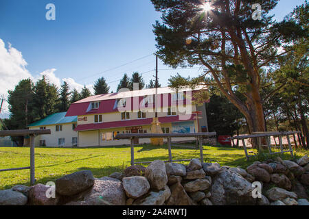 In Kirghizistan, Karakol ski resort - Agosto 22, 2019. Estate paesaggio di montagna in alta montagna. Alberi di alto fusto di alberi di Natale, ski-lift a sci Foto Stock