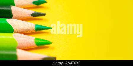 Banner vibranti con matite di colore verde su sfondo giallo. Istruzione e concetto di scrittura. Focus su una matita come simbolo della concentrazione. Copia dello spazio. Foto Stock