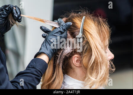Chiudere il procedimento di tintura della donna capelli al salone di bellezza. La colorazione dei capelli nel processo. Donna capelli di tintura. Foto Stock