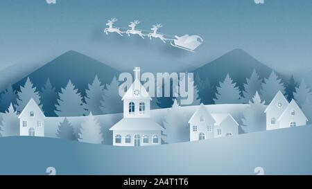 Paesaggio invernale con Babbo Natale sulla slitta e renne volando sul villaggio sul snowfield in carta tagliata stile. Illustrazione Vettoriale. Celebrati di natale Illustrazione Vettoriale