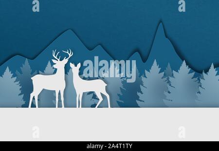 Digital realizzati artigianalmente deer giovane su snowfield con la pineta e la montagna di carta tagliato stile. Illustrazione Vettoriale. Design per poster, striscioni, sfondo Illustrazione Vettoriale