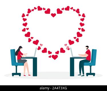 Illustrazione Vettoriale con online dating. La tecnologia moderna per la datazione. Relazione virtuale e l'amore. La comunicazione tra le persone attraverso la rete. Des Illustrazione Vettoriale