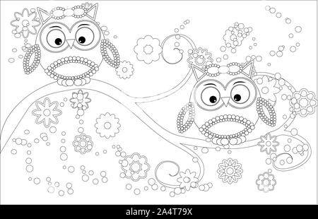 Libro da colorare per pazienti adulti e bambini di età superiore. Pagina di colorazione con graziosi owl e cornice floreale. Schizzo in stile zentangle. Foto Stock