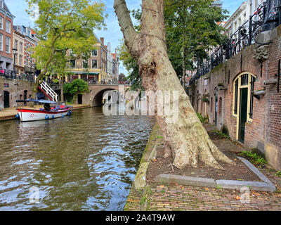 Utrecht, Paesi Bassi - Ottobre 5,2019: case tradizionali sul Oudegracht (vecchio canale) nel centro di Utrecht. Utrecht è un molto la città vecchia e il 18-23 ottobre 2004 - quarta Foto Stock