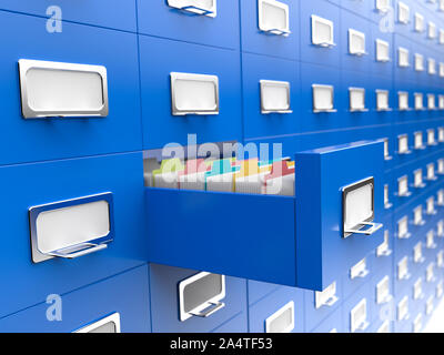 Storage di file di grandi dimensioni, cassettiera piena di cartelle con un cassetto aperto. 3D render. Foto Stock