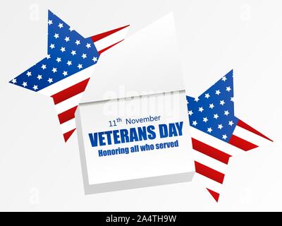 Veterani undicesimo giorno di novembre. In onore di tutti coloro che hanno servito. Calendario con una festosa data. Stella a cinque punte con bandiera usa. Illustrazione Vettoriale Illustrazione Vettoriale
