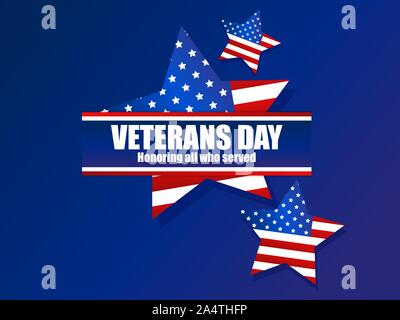 Veterani undicesimo giorno di novembre. In onore di tutti coloro che hanno servito. Biglietto di auguri con nastro e stelle. Stella a cinque punte con bandiera usa. Illustrazione Vettoriale Illustrazione Vettoriale