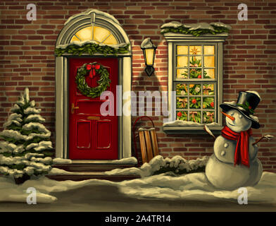 Natale home decoration, ghirlanda di Natale sulla porta in inverno e il pupazzo di neve, Natale biglietto di auguri, arte illustrazione dipinto con acquerelli. Foto Stock