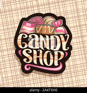 Il logo del vettore per il negozio di dolciumi, cartello nero con la pila di latte svizzero Pralina cioccolato belga bonbon, avvolto caramelle toffee, spazzola originale carattere tipografico Illustrazione Vettoriale