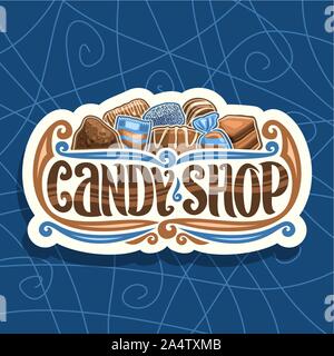 Il logo del vettore per il negozio di dolciumi, il taglio della carta digital signage con pila di swiss pralina, belga bonbon, dolce tartufo scuro, avvolto caramella mou e liquirizia allsorts può Illustrazione Vettoriale