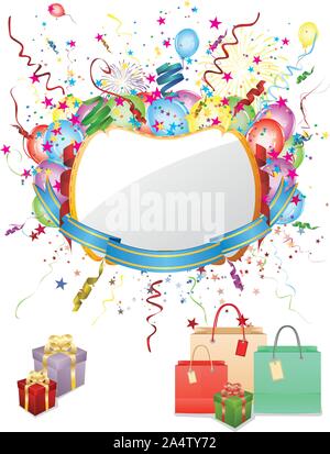 Vacanze con sfondo colorato banner, borse di plastica e scatole regalo. Illustrazione Vettoriale