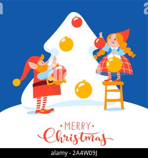 Merry Christmas card con simpatici personaggi elfi decorare un albero Illustrazione Vettoriale