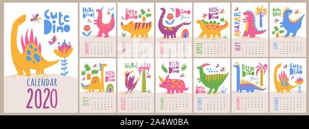 Vector 2020 calendario modello con i dinosauri in Kids in stile cartone animato Illustrazione Vettoriale