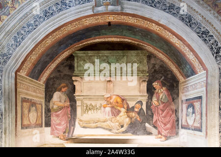 Pietà con San Pietro Parenzo e San Faustino affresco di Luca Signorelli nel primo Rinascimento Cappella della Madonna di San Brizio del gotico italiano Ca Foto Stock