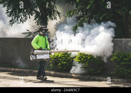 Uomo che utilizza fogger macchina a controllo da pericolose zanzare Foto Stock