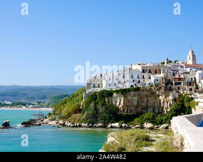 Storica città di Vieste, imbiancata a calce, costruita ai margini della scogliera che scende verso il mare Adriatico, la penisola del Gargano, l'Italia, Foto Stock