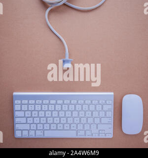 Brown scrivania da ufficio con tastiera, mouse e cavo di alimentazione ma computer mancante .concetto per il supporto tecnico, parte di aggiornamento , il fissaggio e la perdita di dati. Foto Stock