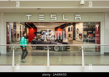 Tesla della Casa Automobilistica di showroom presso The Mall at Cribbs Causeway, Bristol, Regno Unito Foto Stock