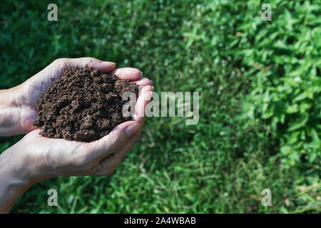 Mano di sostegno maschio nel suolo le mani per la semina con copia spazio per inserire il testo. Foto Stock