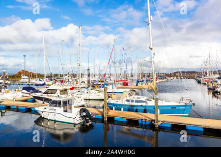 Yacht e piccole imbarcazioni ormeggiate al Marina e Porto, Troon, Firth of Clyde, Ayrshire, in Scozia Foto Stock