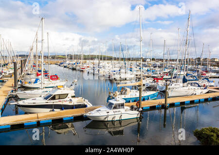 Yacht e piccole imbarcazioni ormeggiate al Marina e Porto, Troon, Firth of Clyde, Ayrshire, in Scozia Foto Stock