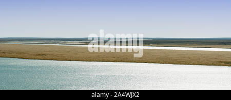 L'Amu Darya fiume, il fiume Oxus dell'antichità, attraversando il deserto Kyzylkum sul confine con il Turkmenistan. Deserto Kysylkum, Uzbekistan Foto Stock