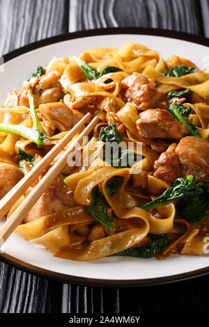 Pad Thai vedere Ew tagliatelle con pollo, broccoli cinesi e delle uova di close-up su una piastra sul piano verticale. Foto Stock