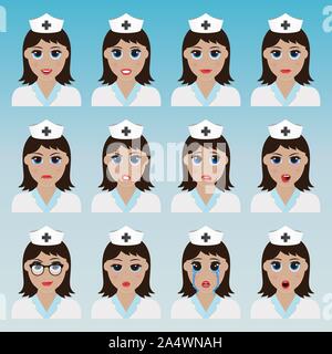 Set di carino infermiera emoticon. Varie le emozioni del personaggio. Set di icone di avatar. Illustrazione Vettoriale. Illustrazione Vettoriale