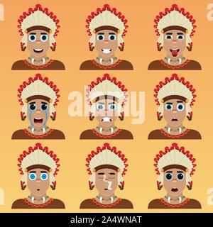 Set di carino american indian emoticon. Varie le emozioni del personaggio. Set di icone di avatar. Illustrazione Vettoriale. Illustrazione Vettoriale