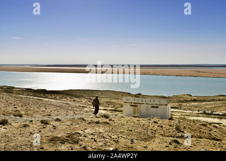 L'Amu Darya fiume, il fiume Oxus dell'antichità, attraversando il deserto Kyzylkum sul confine con il Turkmenistan. Deserto Kysylkum, Uzbekistan Foto Stock