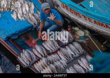 La pesca habor in Porto Flutante o Floating Porto, aprire barche da pesca con i proprietari vendono pesce fresco, Manaus, l'Amazzonia, Brasile, dell'America Latina Foto Stock