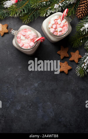 Tradizionale cocktail di natale con marshmallow. Con gingerbread cookie sul tavolo di pietra. Lay piatto. Vista da sopra con lo spazio per i messaggi di saluto Foto Stock