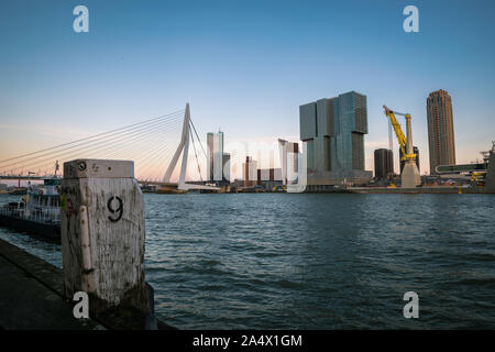 Skyline di Kop van Zuid District con Erasmus ponte sul fiume Maas in Rotterdam, Paesi Bassi. Foto Stock