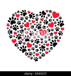 A forma di cuore ad cornice fatta di animale di stampe della zampa. Footprint del cane in forma di cuore illustrazione. Vector luminose nel Cuore con zampa del cane simbolo di stampe. Illustrazione Vettoriale