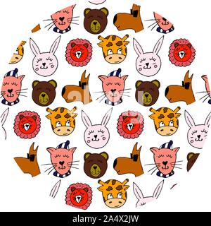 Coloratissimi amici animali collezione compresi cane, gatto, giraffe, orso, lion, coniglio.carino disegnato a mano scarabocchi.Buona per manifesti, adesivi, schede alfabeto Illustrazione Vettoriale
