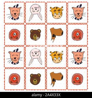 Coloratissimi amici animali collezione compresi cane, gatto, giraffe, orso, lion, coniglio.carino disegnato a mano scarabocchi.Buona per manifesti, adesivi, schede alfabeto Illustrazione Vettoriale