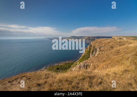 Panorama verso Chapman's Pool da St Aldhelm di testa, Dorset, Regno Unito Foto Stock