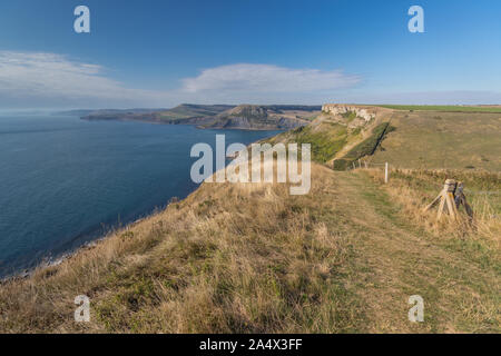 Panorama verso Chapman's Pool da St Aldhelm di testa, Dorset, Regno Unito Foto Stock