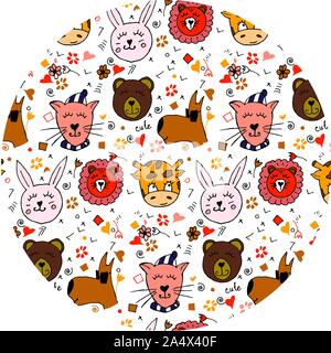 Coloratissimi amici animali collezione compresi cane, gatto, giraffe, orso, lion, coniglio.carino disegnato a mano scarabocchi.Buona per manifesti, adesivi, schede alfabeto Illustrazione Vettoriale