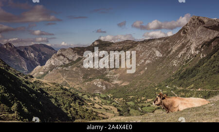 La vista delle montagne del parco naturale di Somiedo, Asturias, Spagna, dal punto di vista del re in La Peral Foto Stock