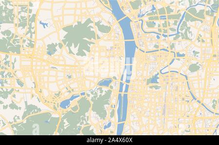 Versione stampabile cartina stradale di Changsha, Provincia Hunan, Cina. Mappa modello per uso aziendale. Illustrazione Vettoriale