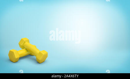 3D rendering di due piccoli palmare giallo manubri sdraiati uno sull'altro su sfondo blu. Foto Stock