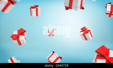 3D rendering di un sacco di bianco chiuso confezioni regalo legati con nastri rossi in caduta dall'alto su sfondo blu. Foto Stock