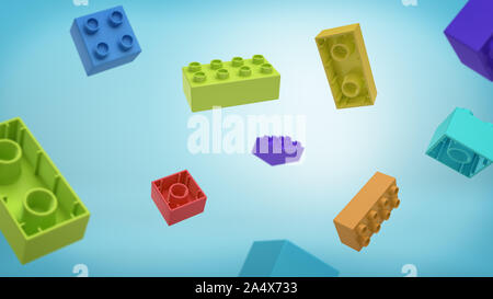 3D rendering di molti rettangolo multicolore toy blocchi blocchi di costruzione in caduta dall'alto su sfondo blu. Foto Stock