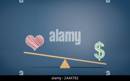 Una Altalena di legno sulla lavagna blu con uno sfondo disegnato un segno di USD overweighing un segno di cuore Foto Stock