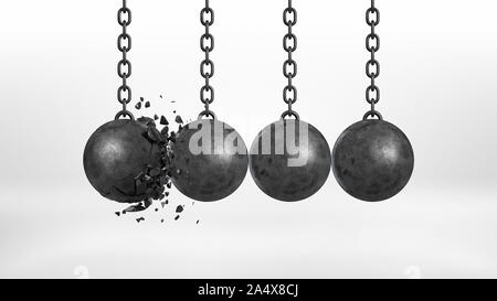 3D rendering di una serie di quattro di ferro nero sfere demolizione consegna da loro catene in cui una sfera è rotto. Foto Stock