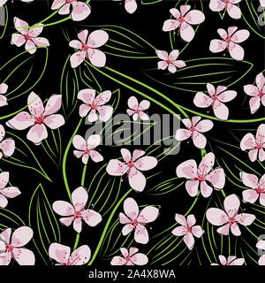 Vintage illustrazione giapponese con sakura per carta da parati design. Vettore di Seamless texture. Abstract illustrazione dei fiori. Carta da parati botanico. Tessuto Illustrazione Vettoriale