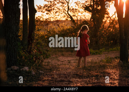 Ragazza giovane pensieroso si trova solo nella luce dorata in tra gli alberi Foto Stock