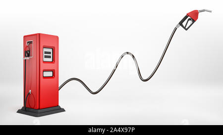 3D rendering di un rosso brillante pompa carburante in vista laterale su sfondo bianco con un ugello grande attaccato ad esso bianco rivolto verso l'alto. Foto Stock